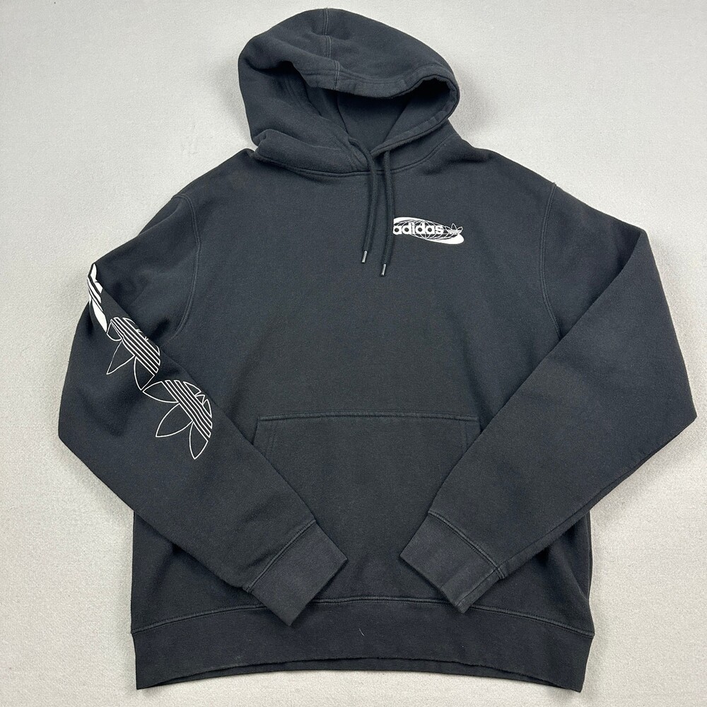 Adidas Hoodie Men M Black Originals Trefoil Sleeve Globe Graphic Sweatshirt